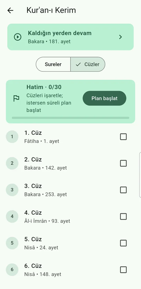 Cüz cüz hatim takibi ve süreli hatim planı