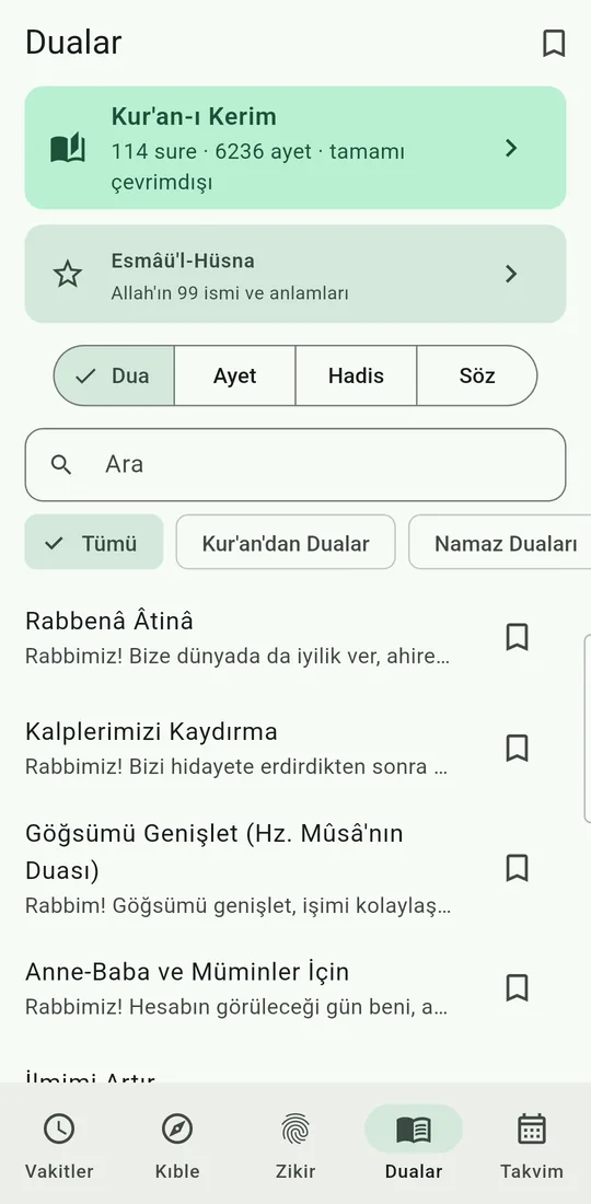 Dua, ayet ve hadis kitaplığı; kaynak gösteren içerikler