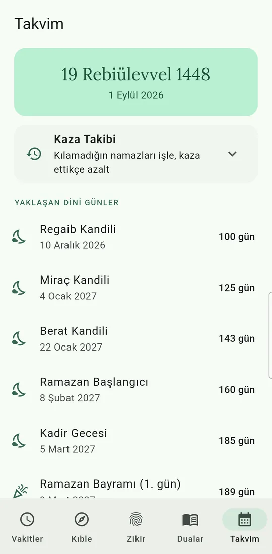 Hicri takvim, yaklaşan kandiller ve kaza namazı takibi