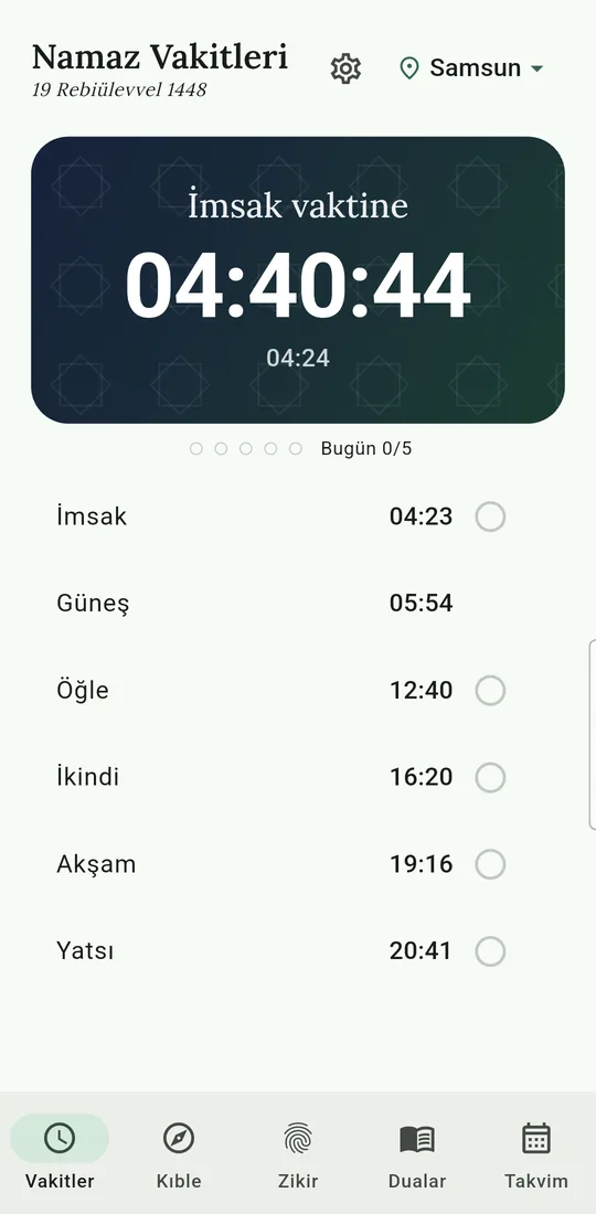 Namaz vakitleri ekranı: günün altı vakti ve imsak vaktine canlı geri sayım
